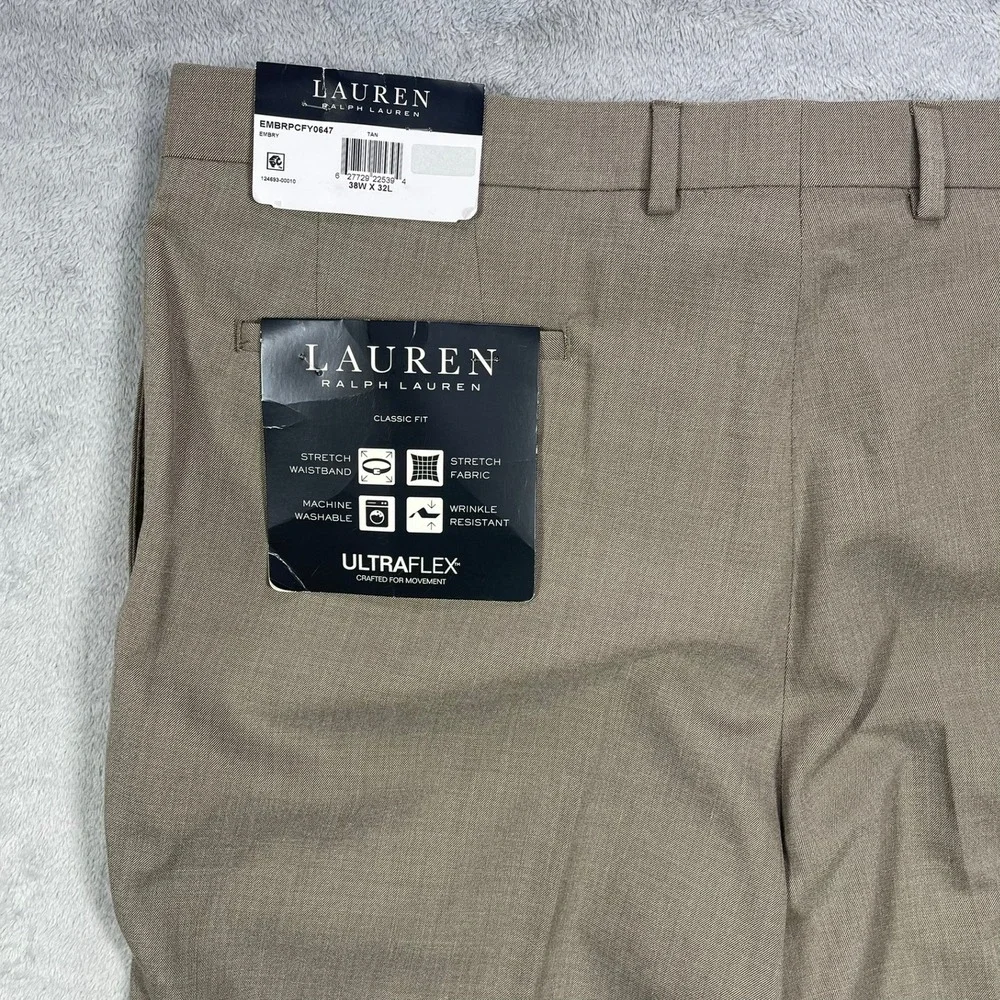 Lauren Ralph Lauren UltraFlex Classic Fit Pleated Dress Pants Tan 38x32 NWT